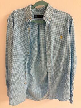 Ralph Lauren Men’s Light Blue Gingham Button-Down Shirt with Yellow Polo Logo